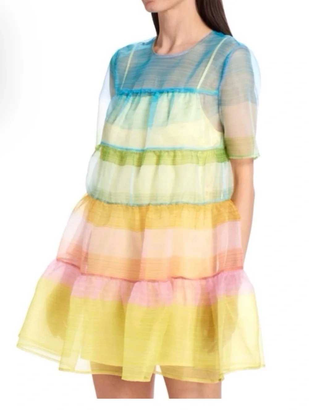 STAUD Rainbow Organza Tiered Mini Dress w/ Detachable Slip Size S